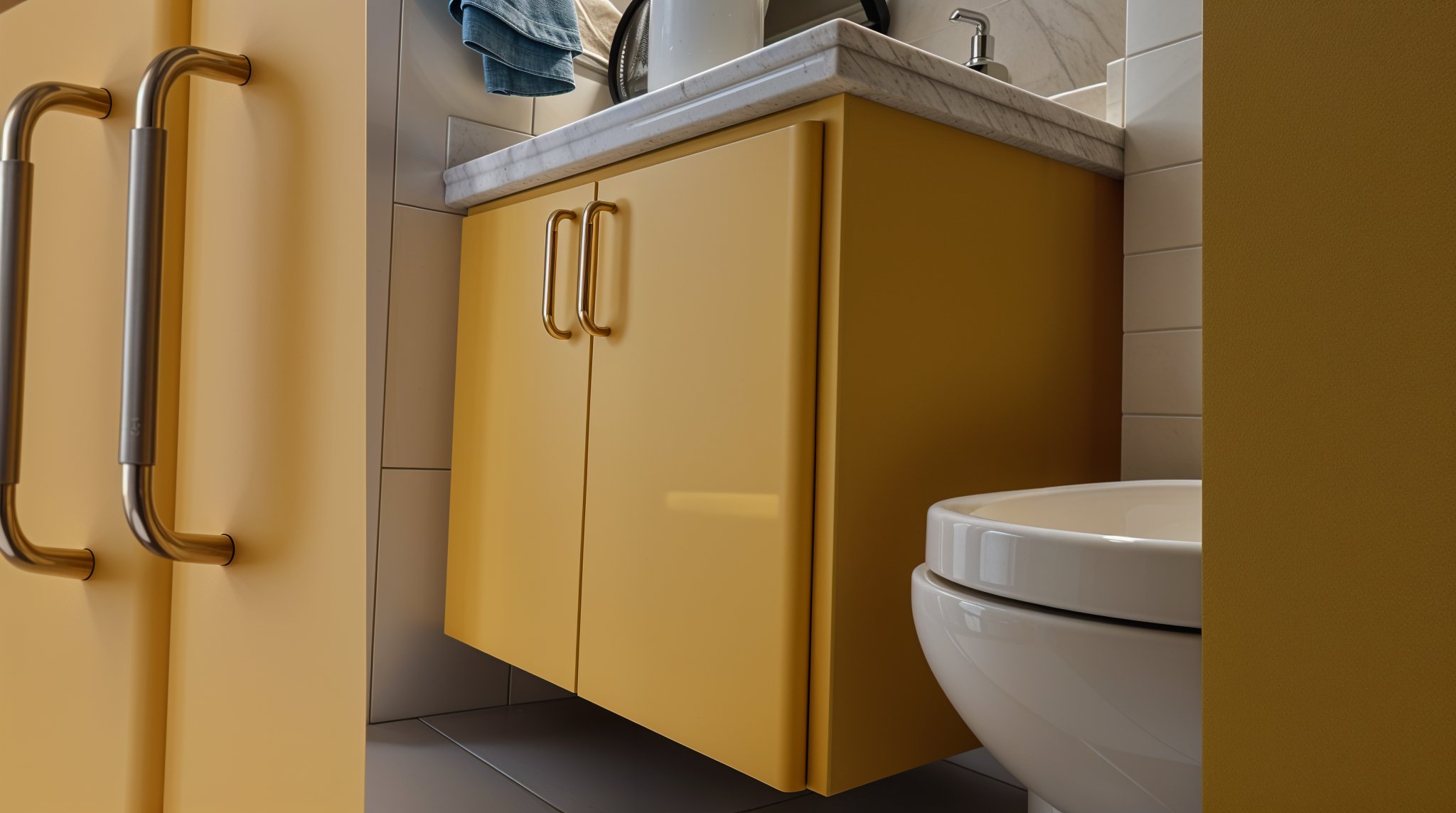 Gabinete de banheiro envelopado com adesivo automotivo amarelo fosco