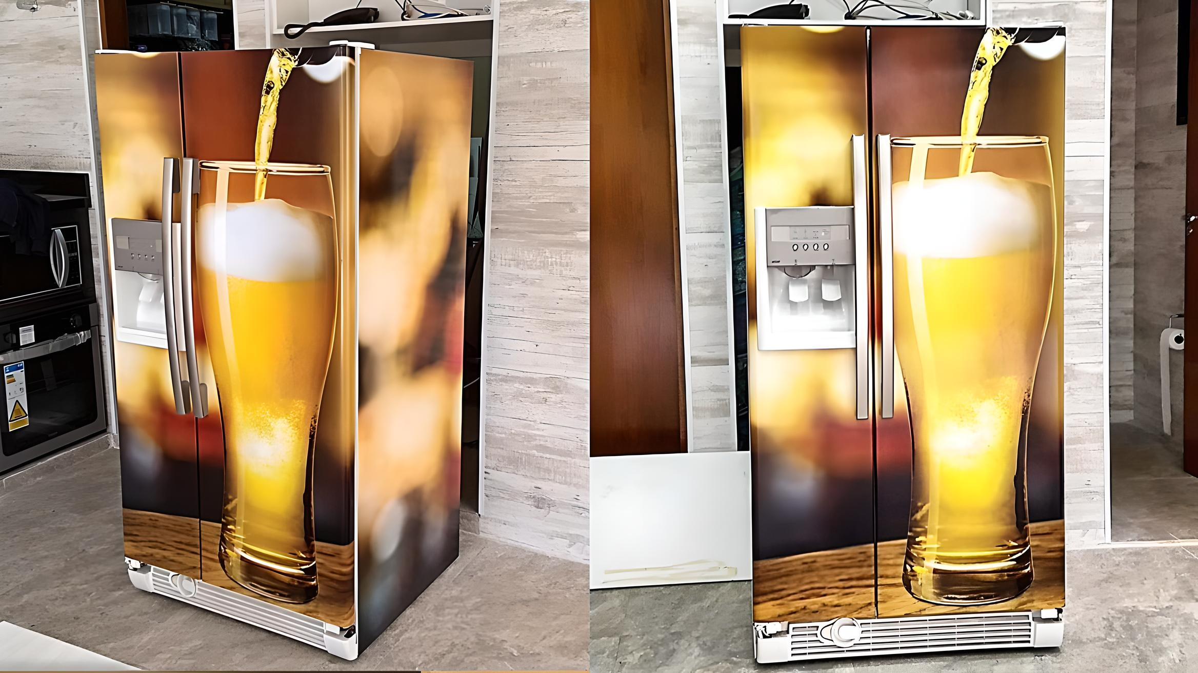 Geladeira envelopada com tema de cerveja