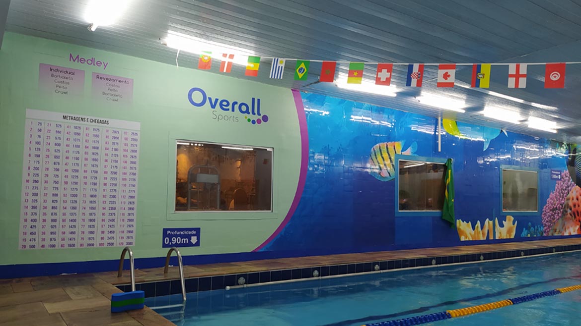 Papel de parede autocolante impresso em alta resolução revestindo a parede lateral da piscina da Academia Overall