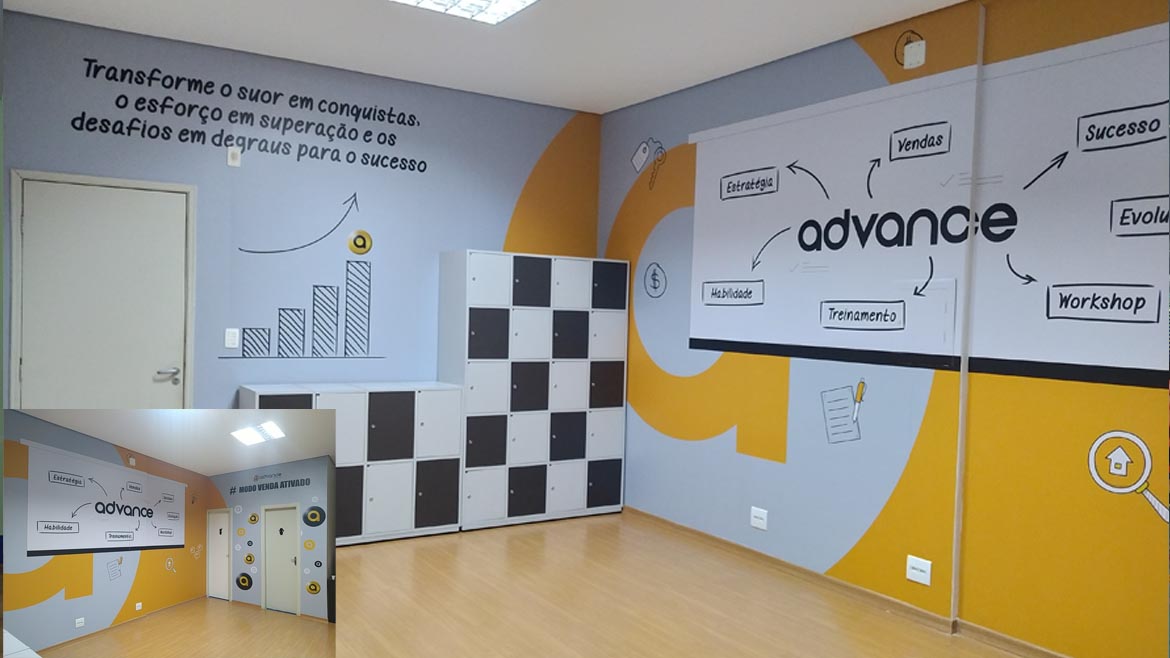 Papel de parede autocolante impresso em alta resolução revestindo a parede da sala de treinamento da Advance