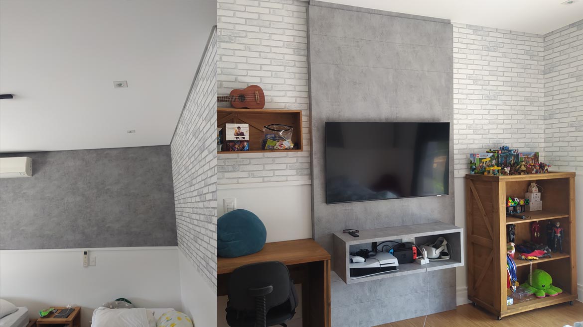 Papel de parede tijolinho à vista revestindo quarto