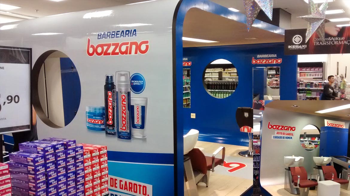 Papel de parede autocolante impresso em alta resolução decorando stand da Bozzano
