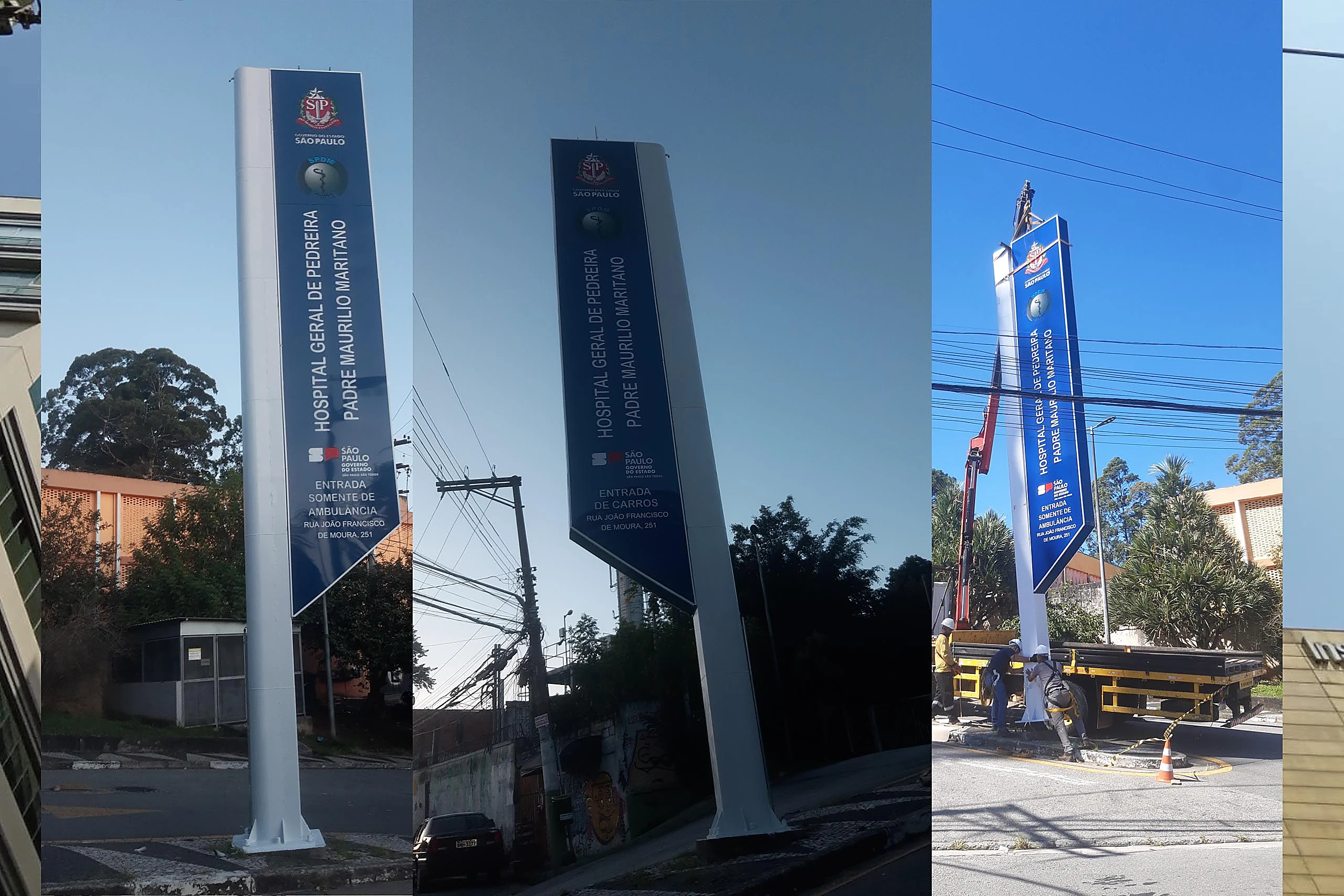 Totem de sinalização para o Hospital Geral de Pedreira em São Paulo, produzido e instalado pela Momentvm Opvs
